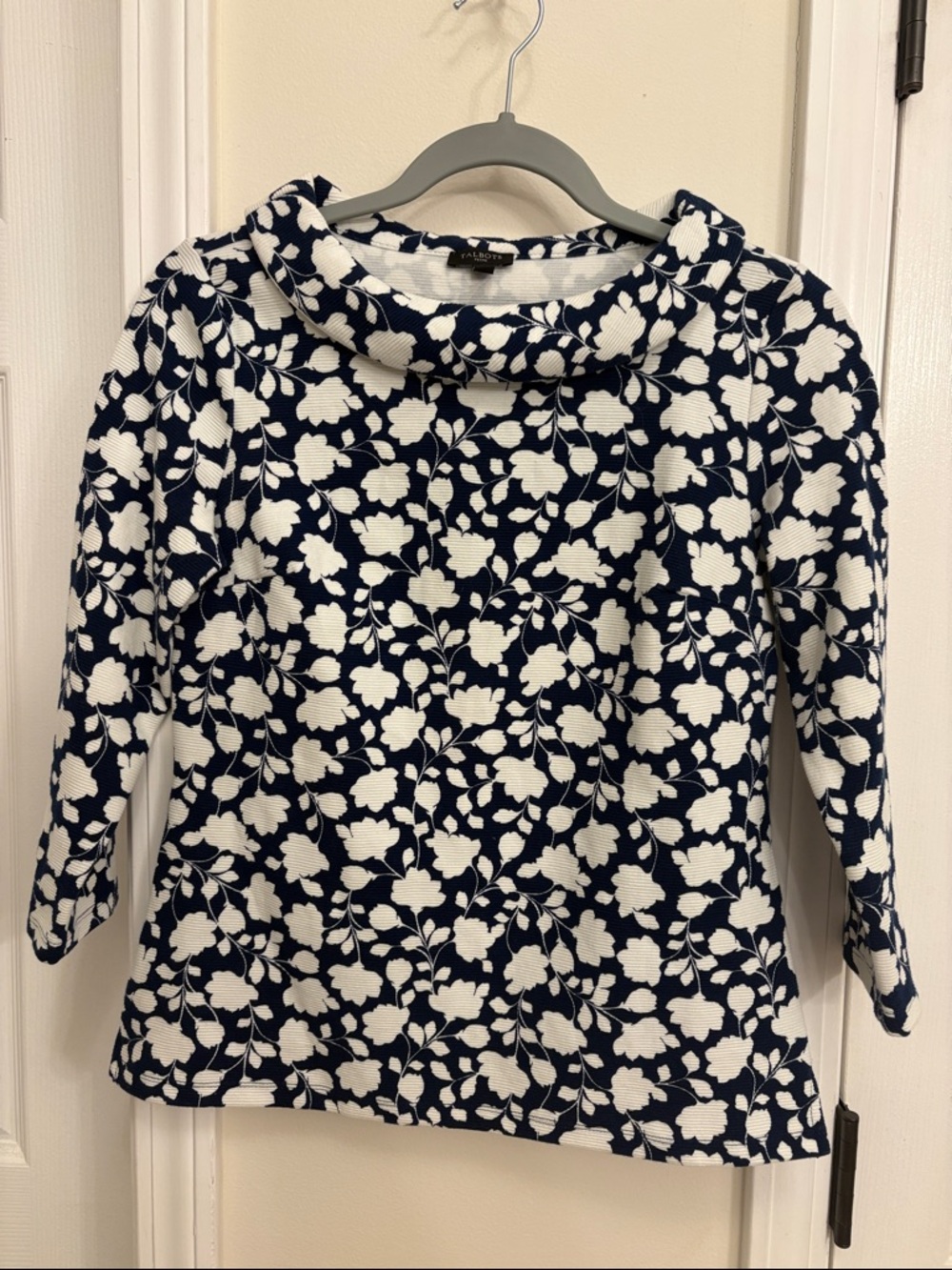 Talbots Navy and White Floral Cowl-Neck Top